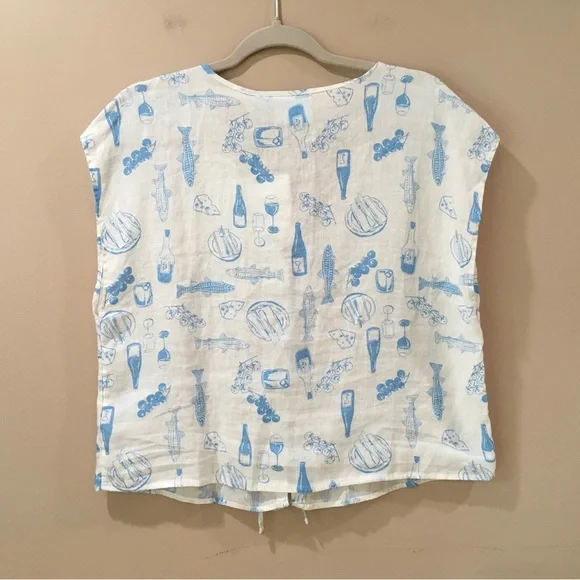 Cynthia Rowley Tie Top Blue White Linen Women L Artsy Printed Beach Coastal New - Picture 2 of 4